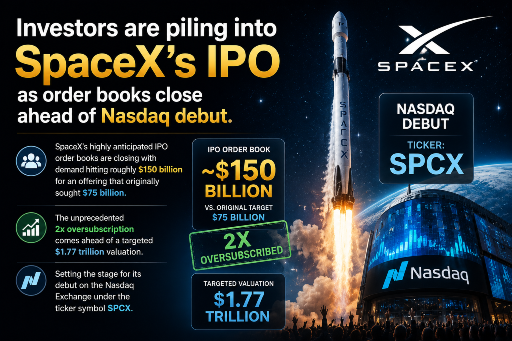 Investors are piling into SpaceX’s IPO as order books close ahead of Nasdaq debut. SpaceX’s highly anticipated IPO order books are closing with demand hitting roughly $150 billion for an offering that originally sought $75 billion. The unprecedented 2x oversubscription comes ahead of a targeted $1.77 trillion valuation, setting the stage for its debut on the Nasdaq Exchange under the ticker symbol SPCX.